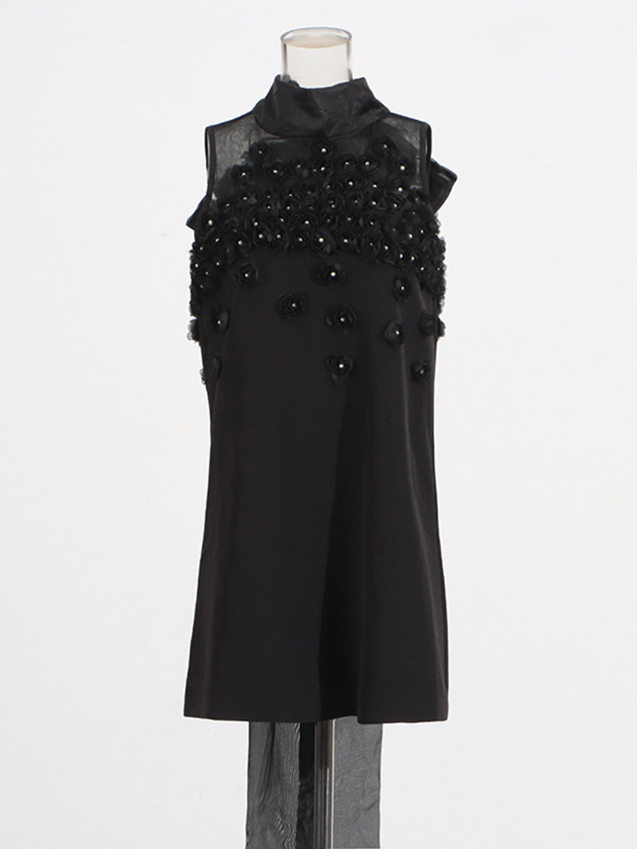 Temperament Sexy Wind 2025 Summer New Mesh Splicing Flowers Decorated Nails Sleeveless Tidal Dress
