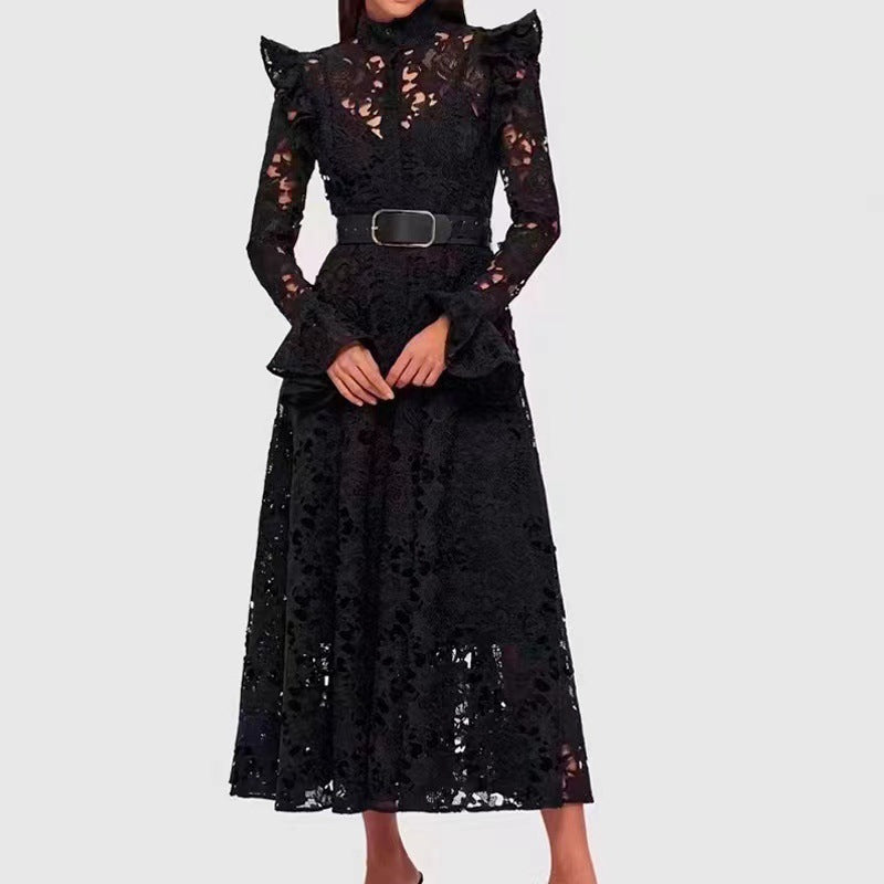 French Retro Elegant Style Embroidery Dress Collared Cardigan High-Waist A-Shaped Dress
