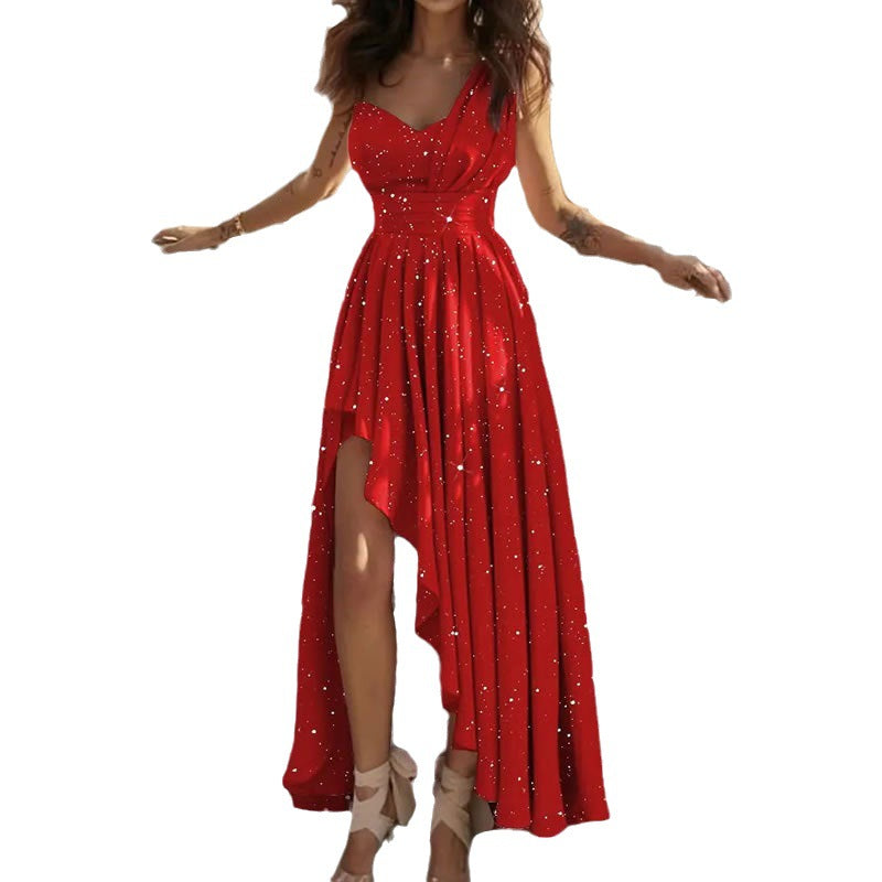 Women's Dress 2025 New Temperament Slanted Shoulders High-Waisted Long Loose Irregular Evening Dress DJPT