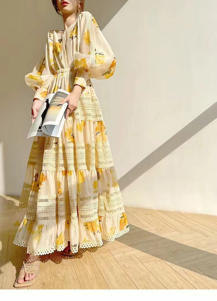 Niche 2024 Spring New Round-Neck Lantern Sleeve Top With Rubber Ribs Waist Dress Printed Fashion Set