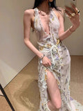 Niche Elegant Temperament Hanging Neck-Loaked Dress Woman 2025V Collar Folded Three-Dimensional Flower Dress