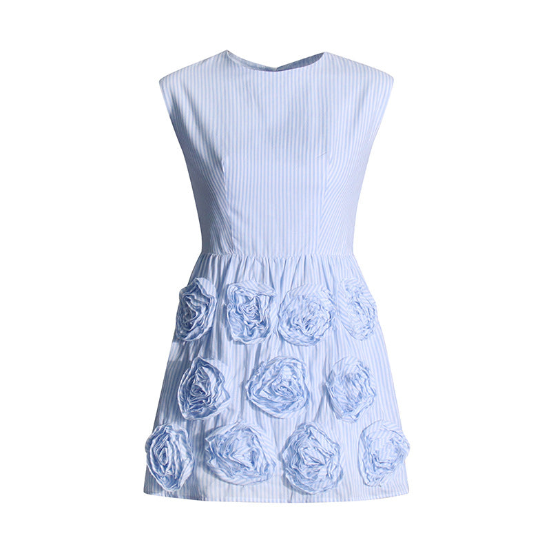 Temperament Elegant Style Dress 2025 Spring New Sleeveless Tie Spliced Three-Dimensional Flowers Short Dress Woman