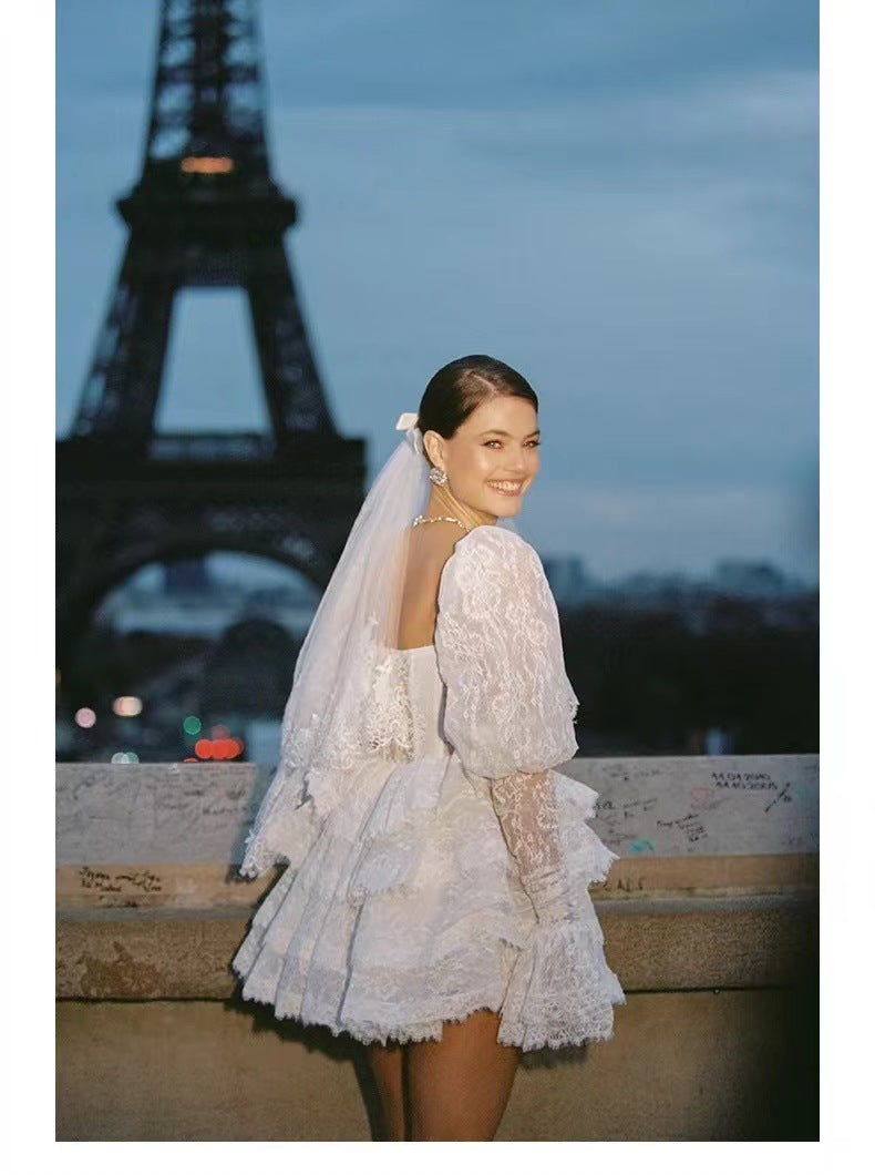 Summer New French Design Hollow Short Romantic Lace Splicing Princess Dress