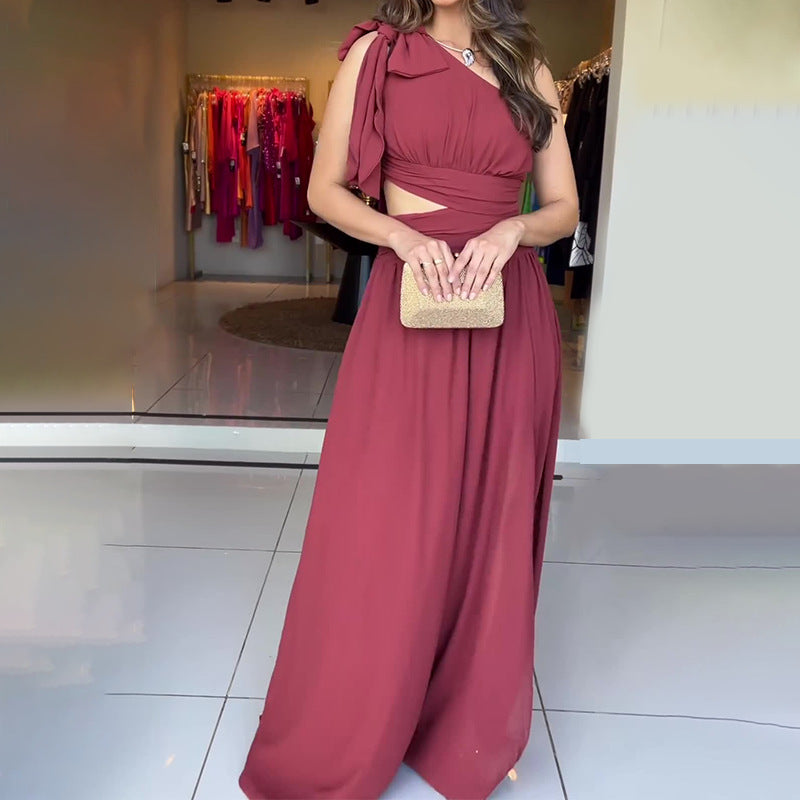 Summer Slanted Shoulder Sexy Dress High Waist-Rise Open Fork Dress