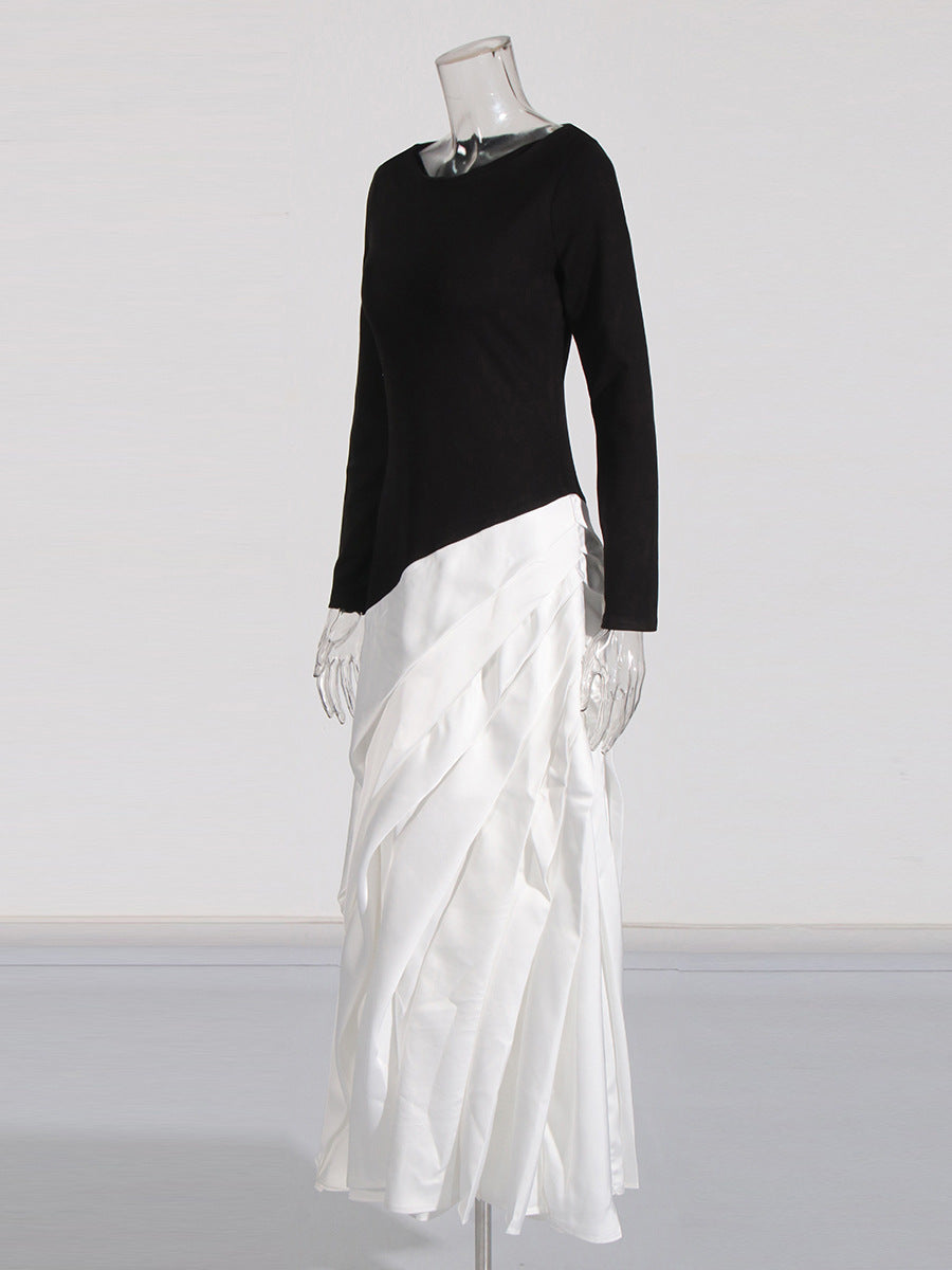 Temperament Long Dress Women's Dress 2025 Spring New Irregularly Pressed Folded Long-Sleeved Thin Dress Woman