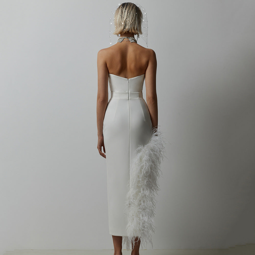 Open Fork Bra Feather Bandage Repair Body Elastic Party Mid-Long Dress Dress Dress