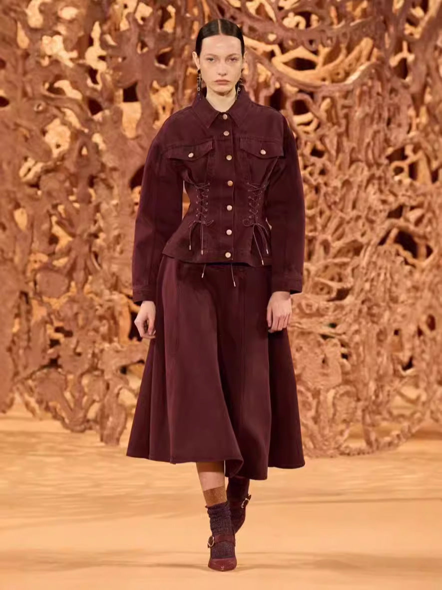 Wind Collar Tie With Waist Jacket Jacket + Wine Red Temperament A-Word Skirt Dress Suit Tide