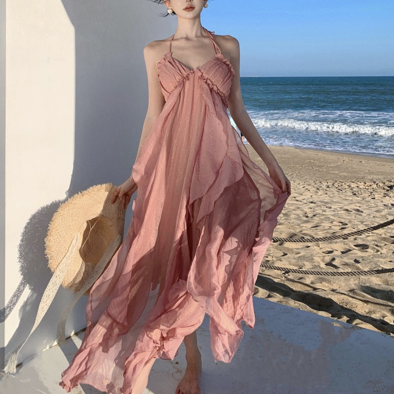 Temperament Hanging Neck Sling Dress Female Summer Dress Pink Bare Back Beach Skirt