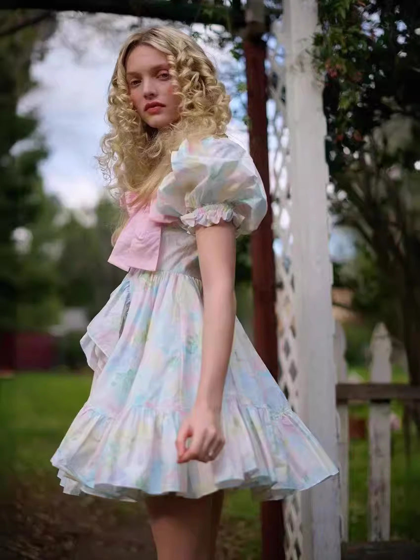 Summer New Square Collar Bubble Sleeve Bow Tie With Belt Print Short Dress Woman