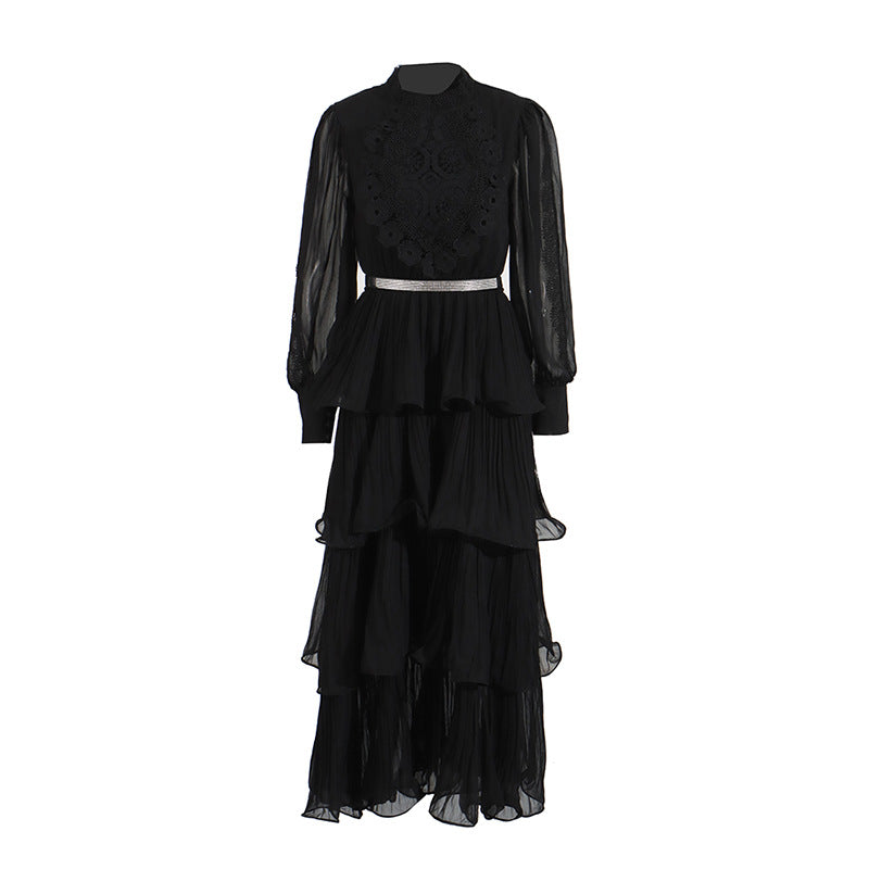 Lotus Leaf-Side Dress Spring 2025 New Temperament Elegant Embroidered Design Belt Long-Sleeved Dress