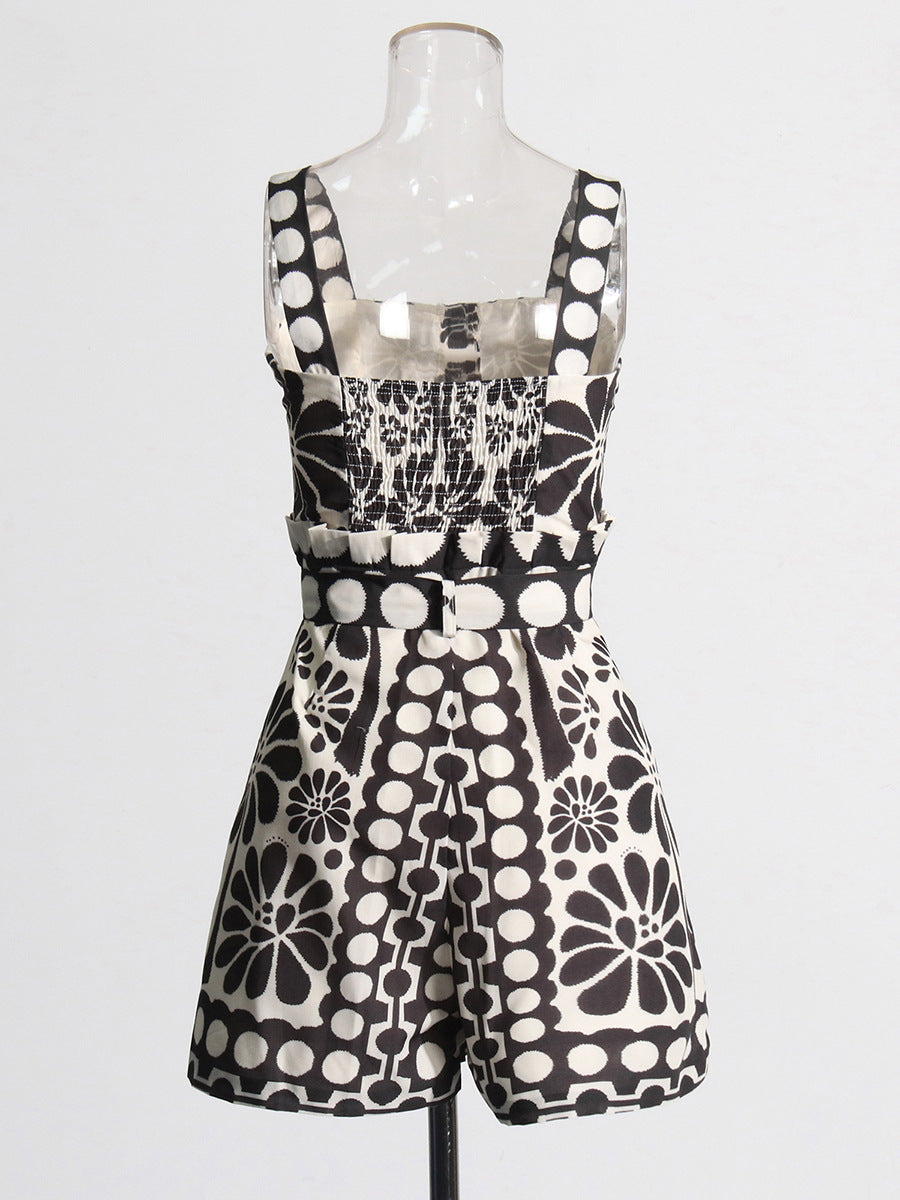 Casual Wind 2025 New Printed Sleeveless Button Tie With Short Broad Leg Jumpsuit Woman