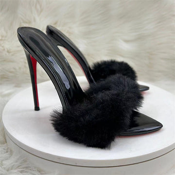 12Cm Pointed Thin Heeled Tips High Heels Women Black Hair Cool Slippers High Quality Shoes