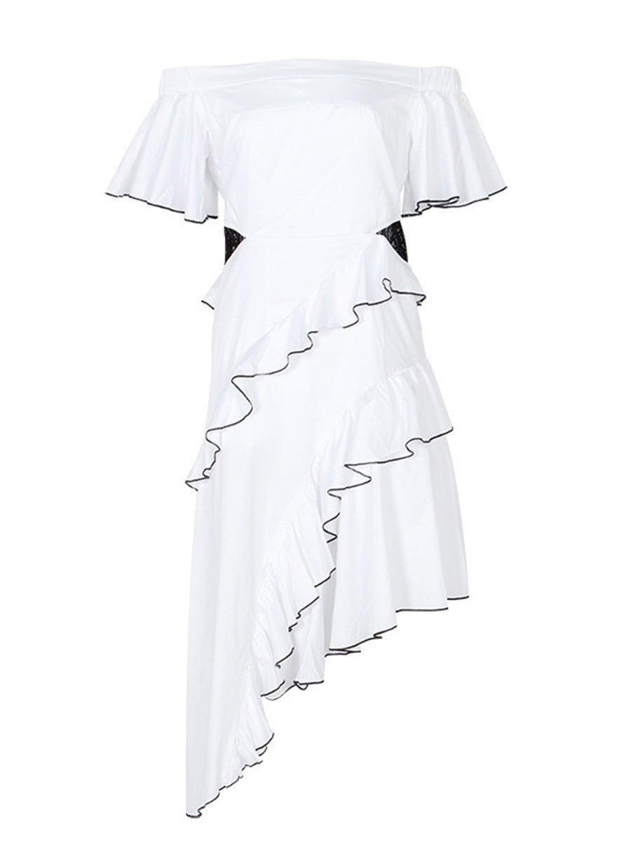 Temperament Dress Women's Dress 2025 Spring New Word-Collar Irregular Lace Splicing Beautiful White Dress