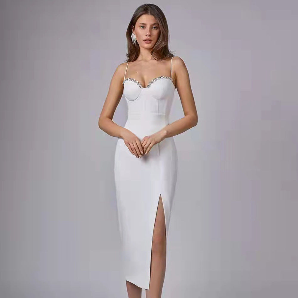 2025 Sexy Diamond-Studded Temperament Sling With Forked And Banded Dress Banquet Dress