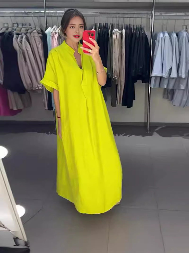 Summer New Fashion Collar Solid Color Comfortable Long-Sleeved Loose Dress