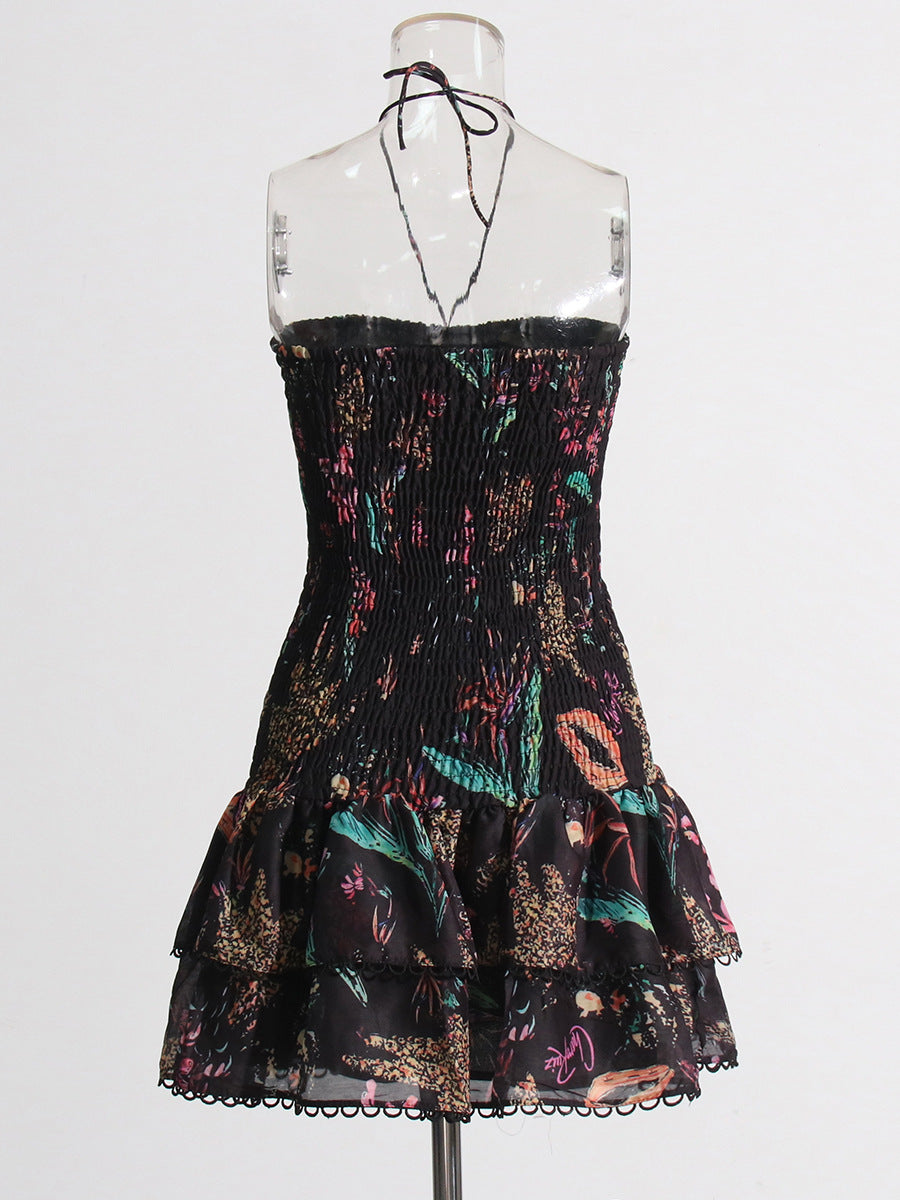 Holiday Wind 2025 Summer New Breast-Scaring Necked Neck Design Short-Height Bullet Short Dress