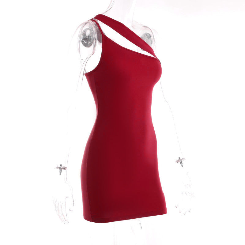 Summer New Slanted Shoulder Dress Sexy Solid Color And Body-Swearing Slanted Shoulder Dress Woman DJPT
