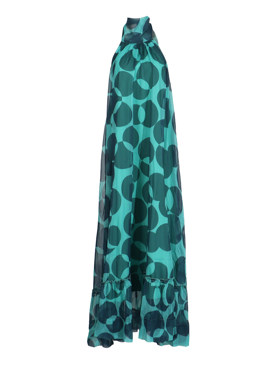 Printed Holiday Dress 2025 Summer Show Back New Hanging Neck Sleeveless Swing Leaves Side Dress Woman
