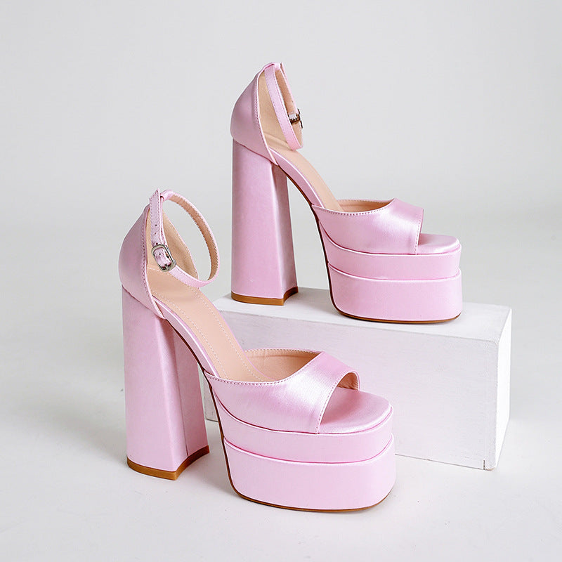 Summer New Side Of The Head Hollow Coarse Silk Satin High-Heeled Fish-Mouthed Women's Shoes Hate The Sky High-Size Show Sandal Tide High Quality Shoes