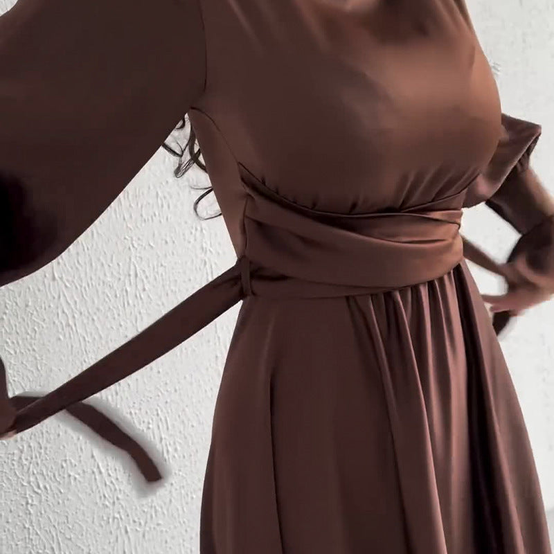 Long-Sleeved Lotus Leaf Cuffed Belt Waist-Repaired Penetted Joint Dress