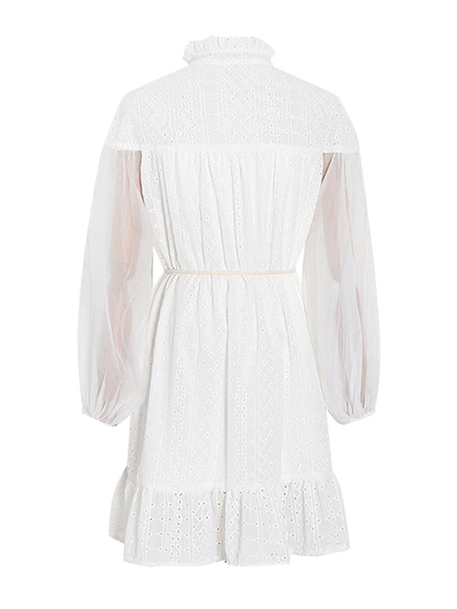 Vintage Dress Women's Dress 2025 Spring New Stand-Necked Lace Lantern Sleeve With Short Skirt