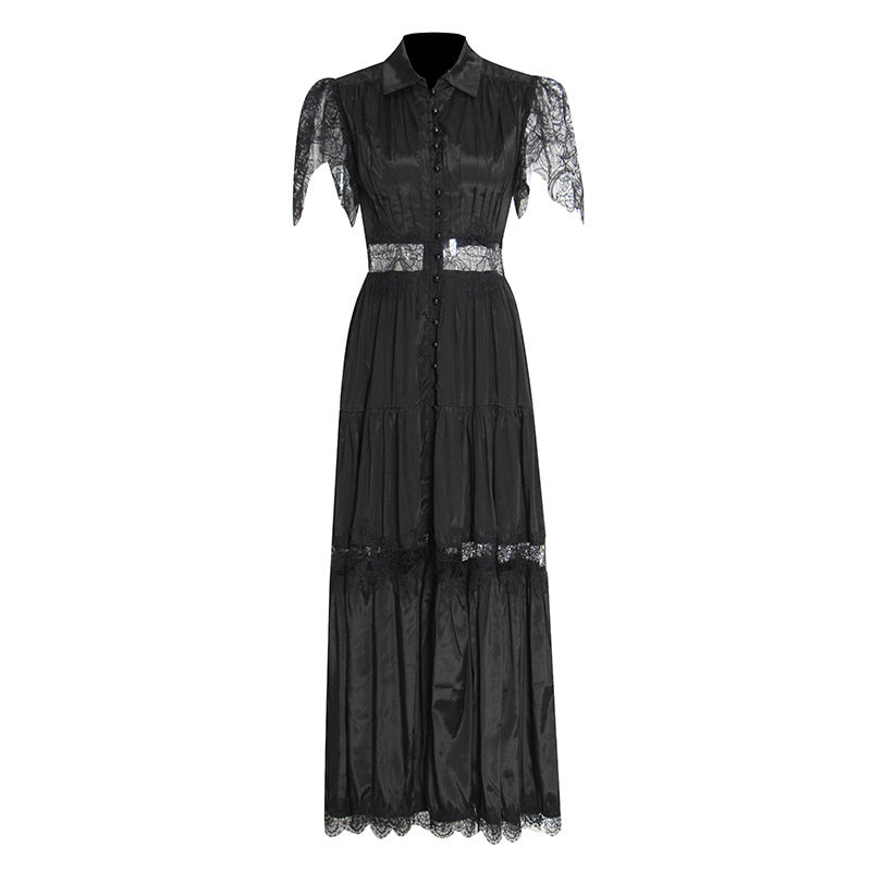 Black Rose Lace Stitched 2025 New Women's Summer Collar Short-Sleeved Long Solid Dress