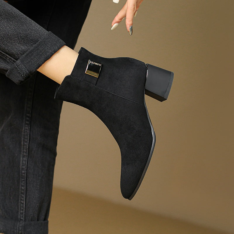 French Coarse And Small Short Boots Women's Autumn New Pointed Velvet Knight Boots Single Boots With Large Size Women's Boots High Quality Shoes