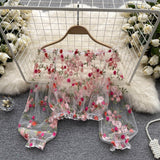Shoulder Mesh Embroidery Perspective Shirt For Women's Summer Loose Bubble Sleeve Short Hoodie Long-Sleeved Lace Shirt DJPT