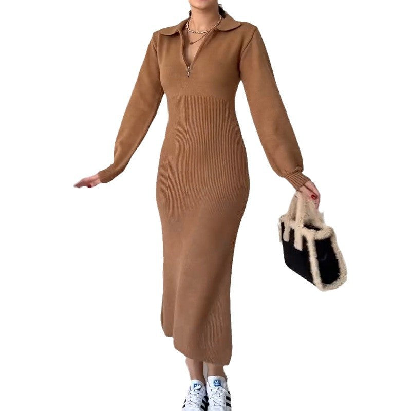 Women's Clothing 2024 Autumn New POPL Collar Zipper Long-Sleeved Ass Dress Women