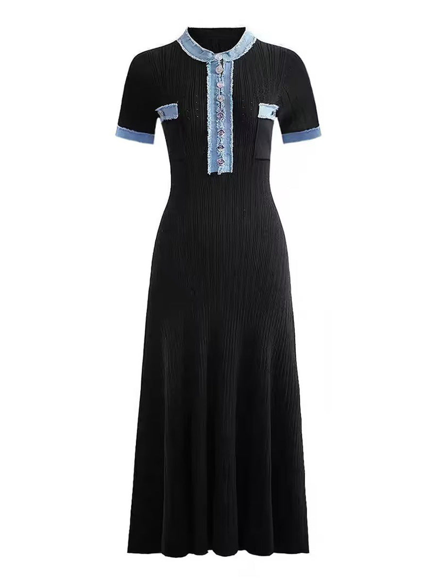 Elegant Wind Knitted Dress 2025 Summer New Denim Bumping Short-Sleeved Long Dress Dress Woman