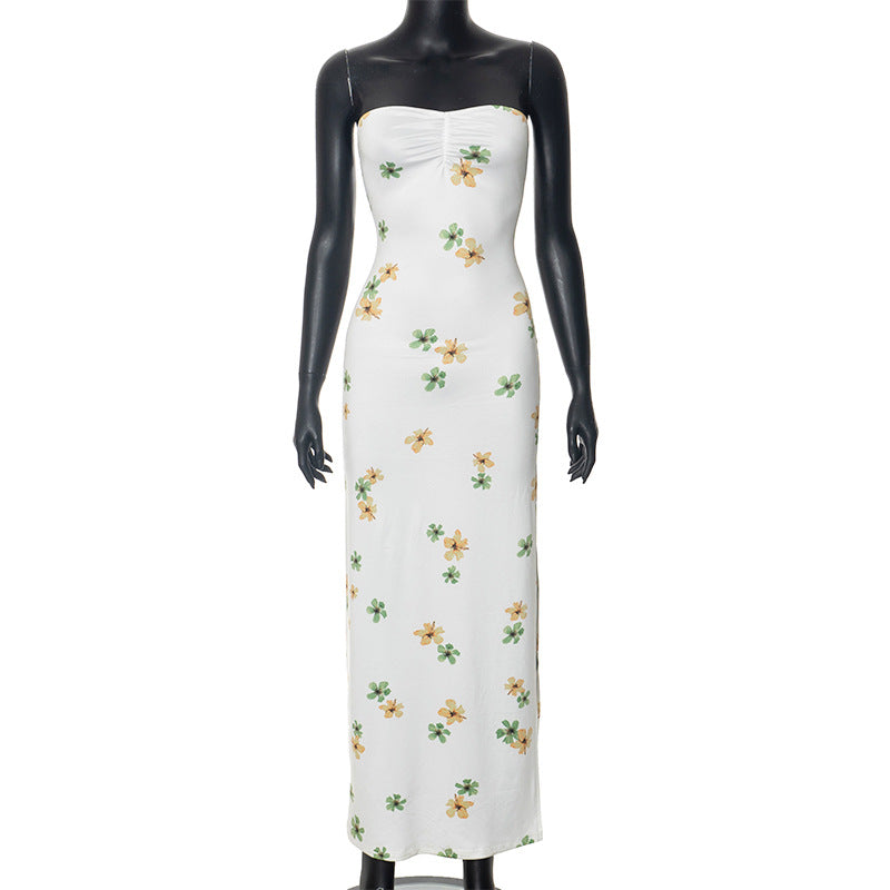 Women's Clothing 2024 New Folded Floral Dress High-Waisted Dress Print Chest Skirt DJPT