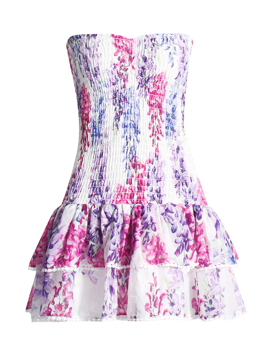 Holiday Style Dress 2025 Summer New Breast-Print Body-Wearing Short Skirt Girl With Lotus Leaf Side