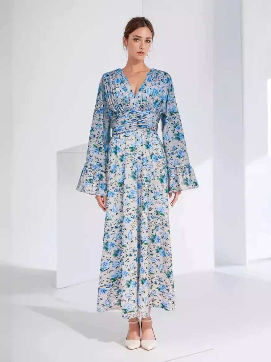 Beautiful Floral Dress Niche Design Super Fairy Pink V Collar Folds Waist Dress French 2024