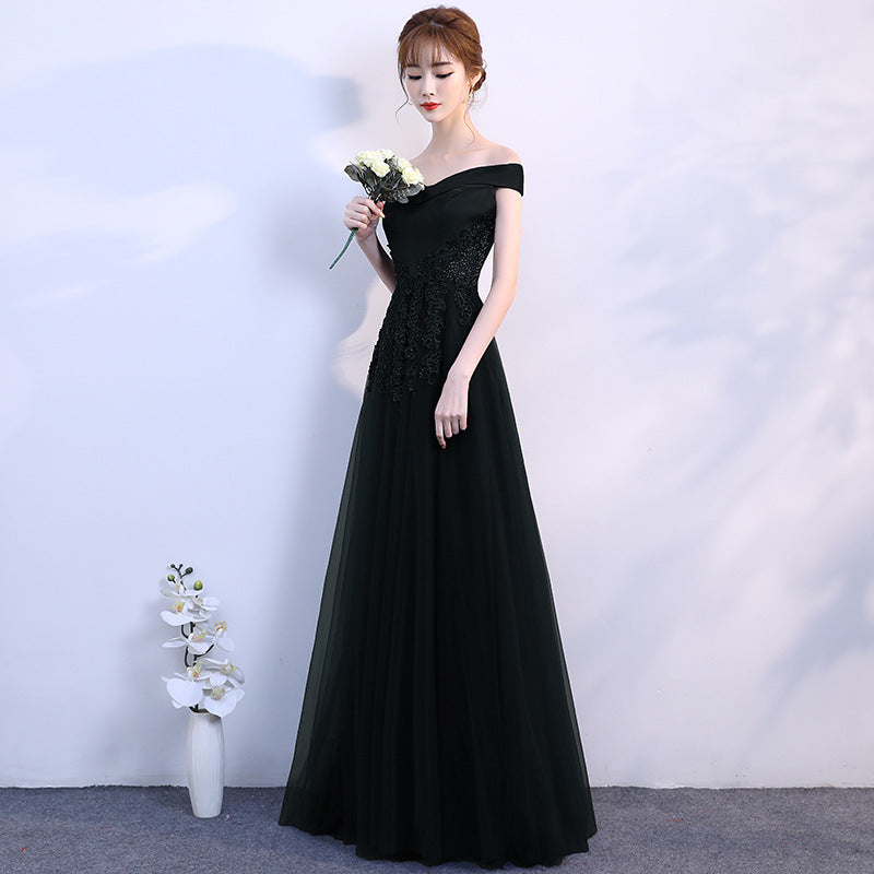 Evening Dress Woman 2025 Summer Temperament Atmospheric Elegant One-Word Shoulder Host Maid Dress Small Thin