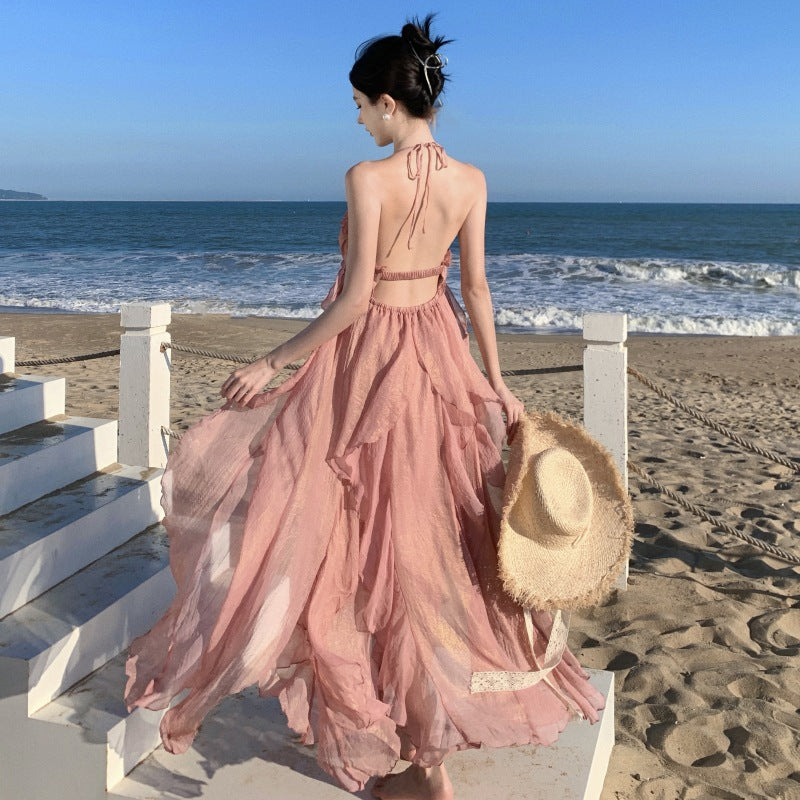 Temperament Hanging Neck Sling Dress Female Summer Dress Pink Bare Back Beach Skirt
