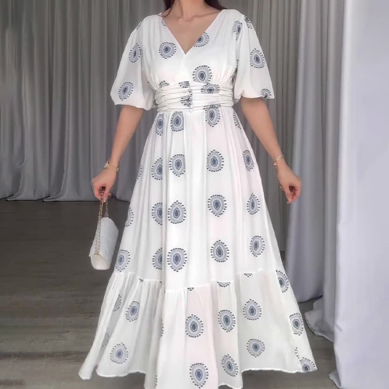 Women's Summer Fashion Vcollar Bubble Sleeve High-Waist Print Splicing Body Dress