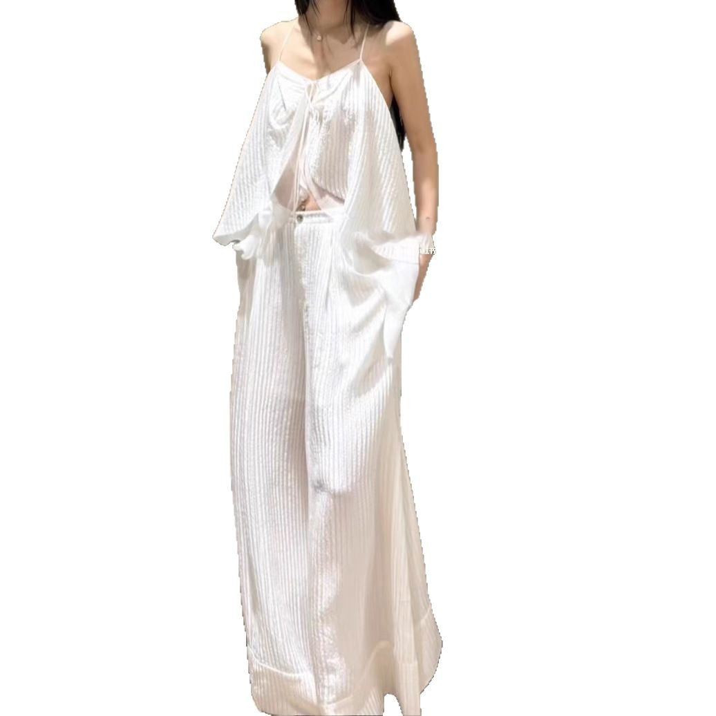 2025 New French Heavy Industry Press Folding Sling Vest Women High Waist Lace Skirt Suit