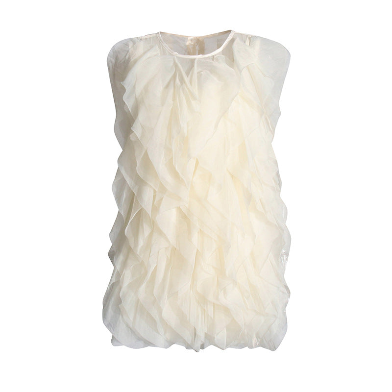 Temperament Thin Dress Women's Dress 2025 Spring New Sleeveless Wood Ear Folding Mesh Cake Skirt