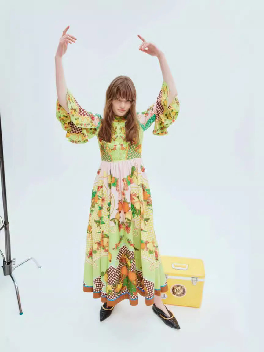 2024 New Collar Horn Sleeve Single Buckle Waist Print Long Dress Dress Woman