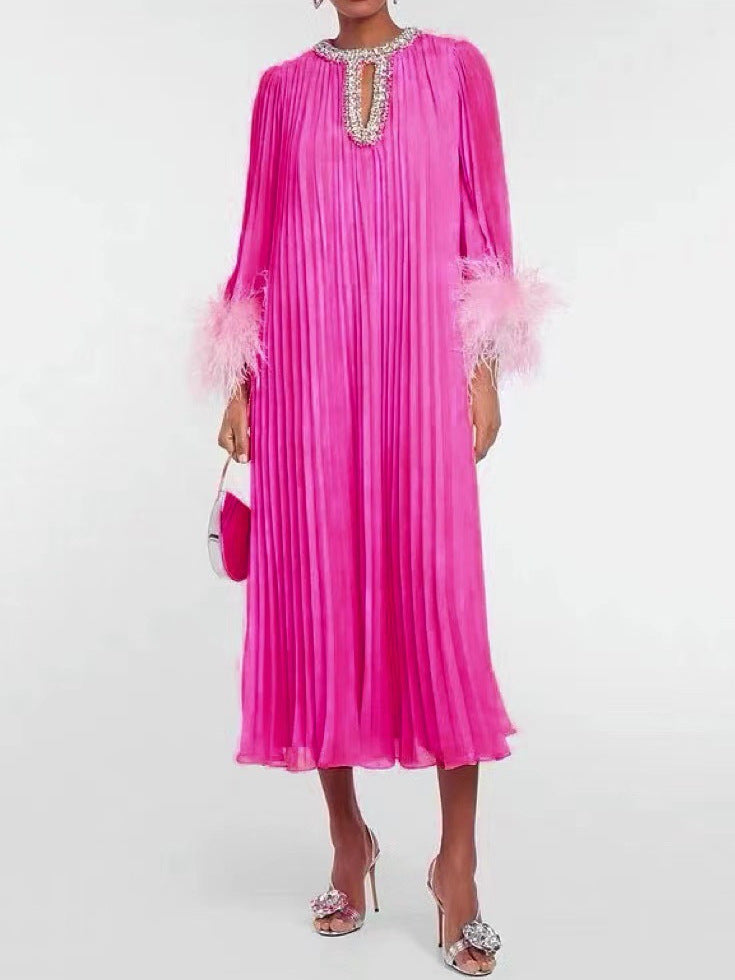 2024 New Round-Neck Heavy Industry Nail Nails And Fur Folding Process Horn Sleeve Long Dress