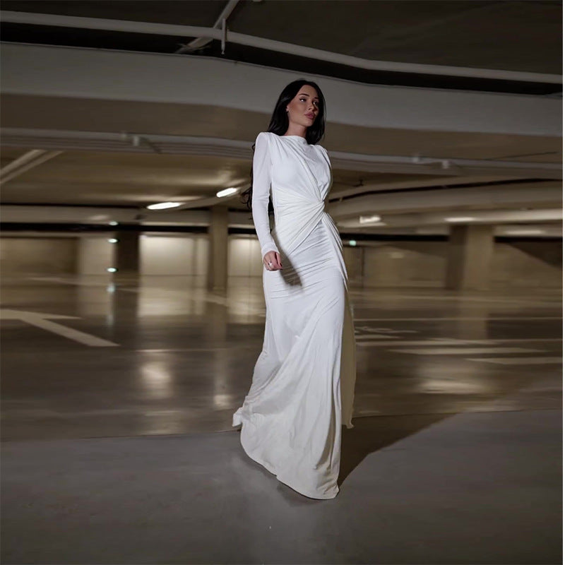 Sexy Fashion Round Collar Folds To The Waist To Repair The Solid Color Temperament Dress