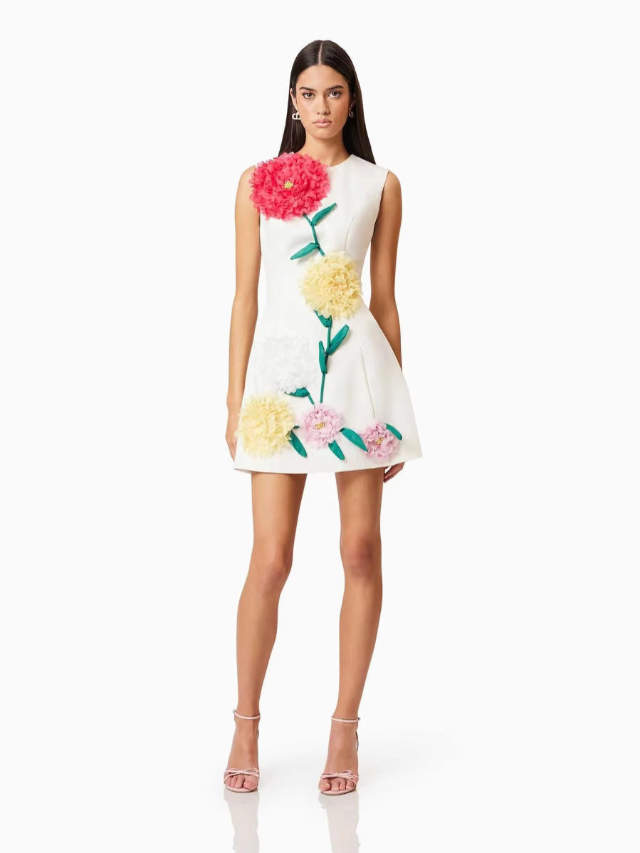 Fashion Niche Three-Dimensional Decorative Dress 2025 New Flower Slim Round Neckless Midsleeveless Mid-Dress