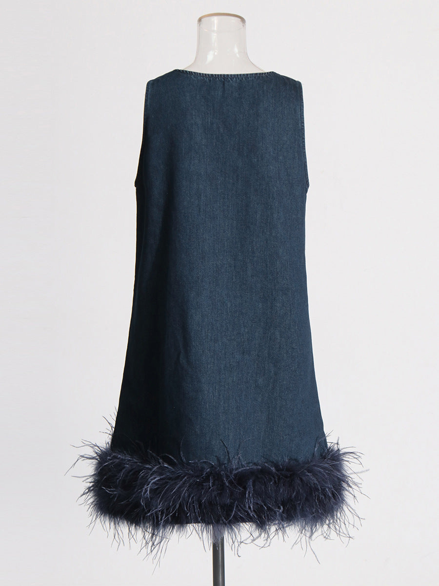 Dress 2025 Summer New High-End Feeling Sleeveless V-Necked Cowboy Splicing Feathers Short Dress Dress Woman