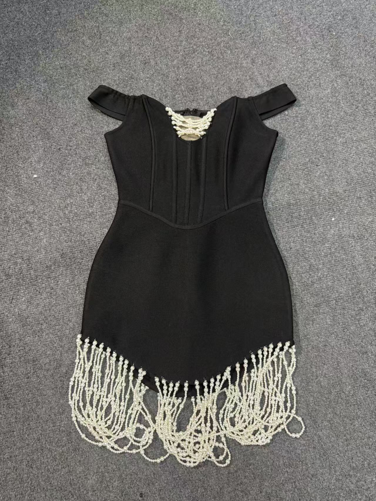 New Pendulum Multi-Layer Pearl Shoulder Short Ass Skirt Temperament High-End Light Luxury Dress Bandage Skirt