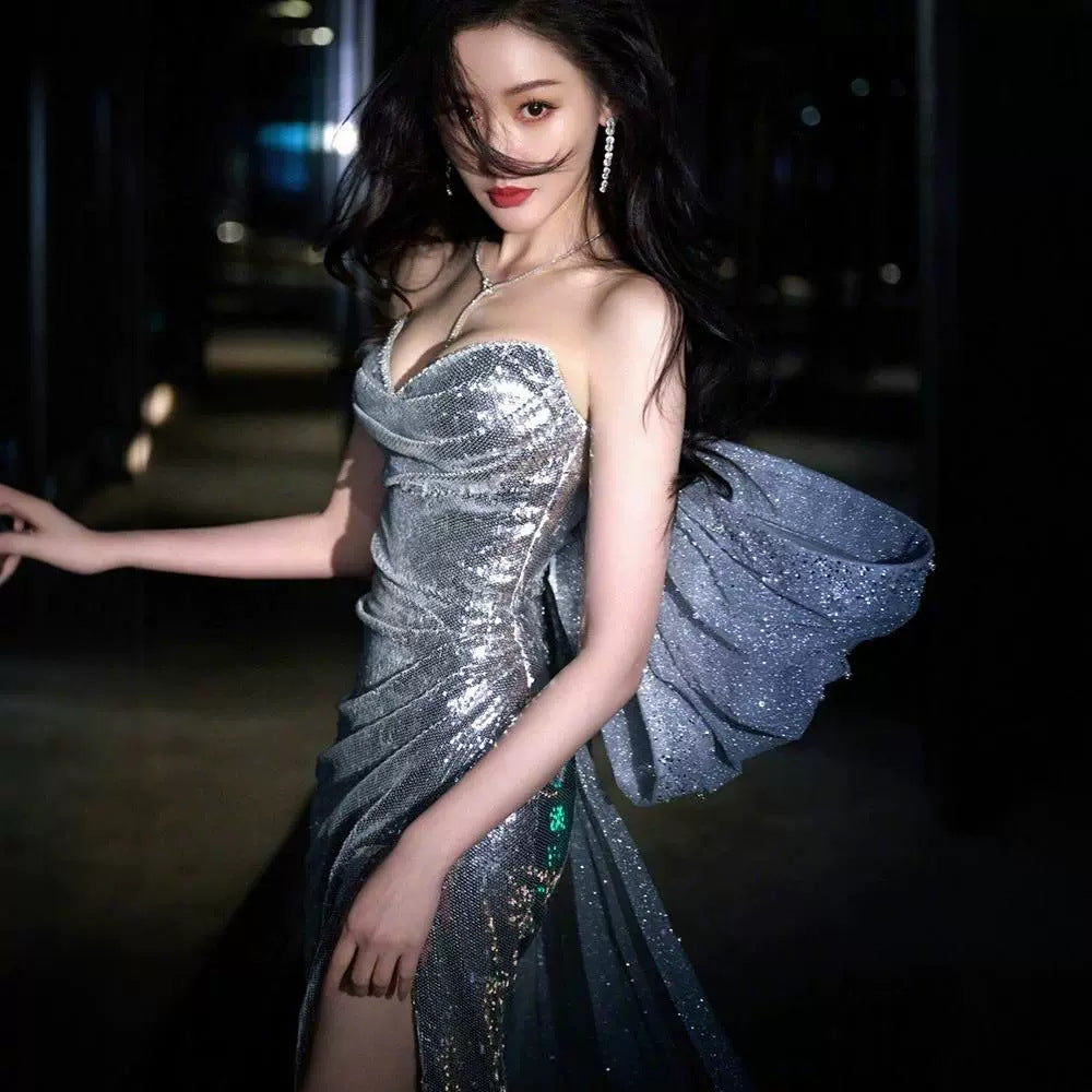Evening Dress Silver Lily Toasting Female Feeling Open Fork Niche High-End Light Luxury Annual Host
