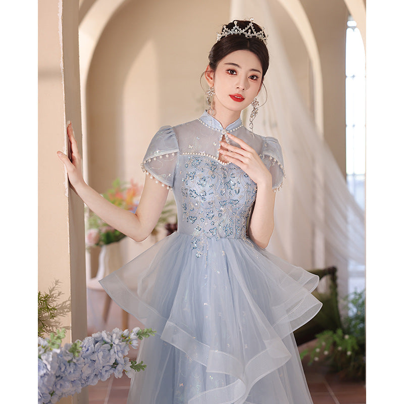 Evening Dress Dress Light Luxury Small High-End Temperament Blue Birthday Princess Dress Adult Ceremony Host Fluffy Skirt