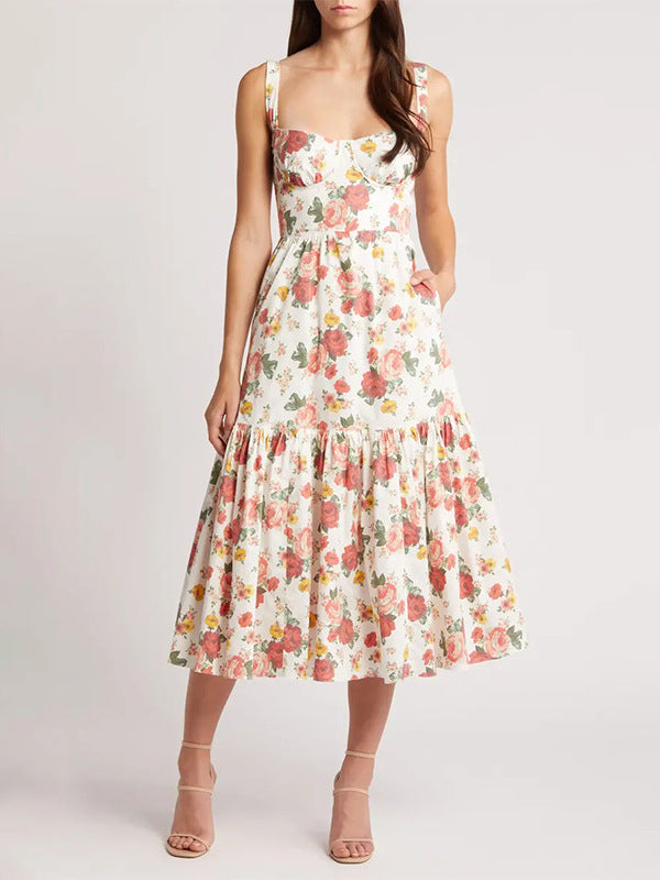 French Temperament Elegant Floral Prints Sling Dress In Summer 2024