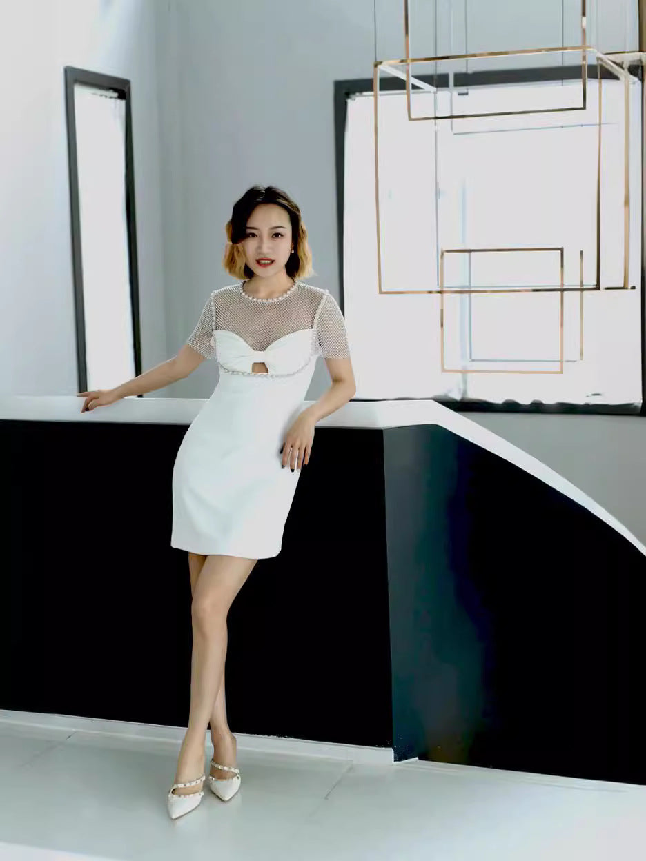 Luxury Niche Nail Bead Dress 2024 Spring And Summer Neckpeel Bow High-Level Feeling Beautiful Female Pure White Short Dress Woman