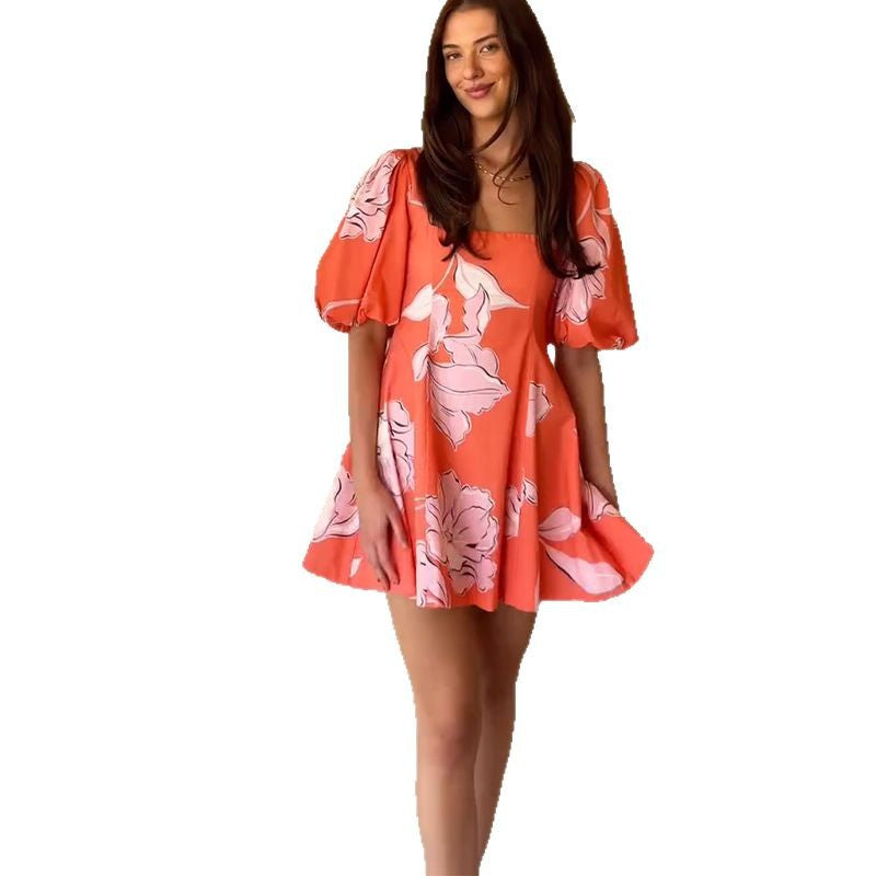 2025 New Solid Color Square Collar Short Sleeve Graffiti Zipper Casual Dress