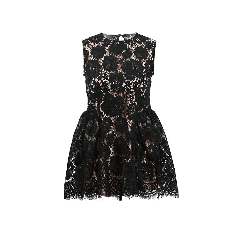 Elegant Style Lace Flower Sleeveless Short Dress 2025 New Round Neck Waist High-Waisted Dress Women's Summer